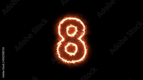 Design number 8 surrounded by fire. Concept: Numbers, fire, orange.