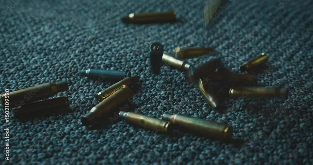 Spent bullet casings fall and scatter across a textured carpeted floor at shooting range