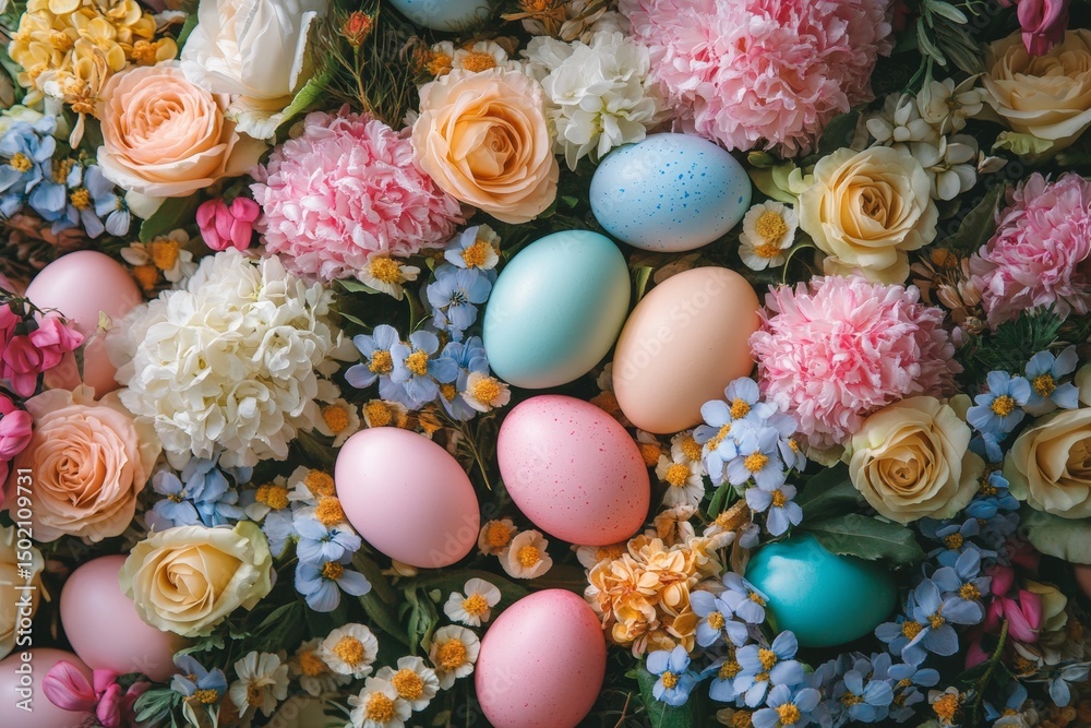 Colorful Easter eggs surrounded by fresh flowers in a vibrant spring arrangement Colorful Easter eggs surrounded by fresh flowers in a vibrant spring arrangement