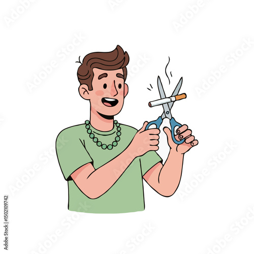 Cartoon bearded man cutting cigarette with scissors symbolizing quitting smoking, vector art on white background
