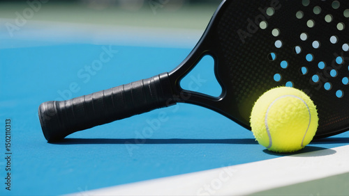 Close up of a black paddle tennis racket and a yellow tennis ball on court