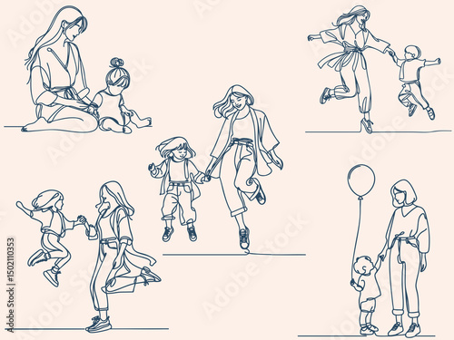 Happy Mom and Child Line Art – Family Bonding, Parenthood and Childhood Moments Illustration