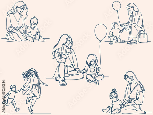 Happy Mom and Child Line Art – Family Bonding, Parenthood and Childhood Moments Illustration