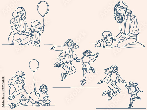 Happy Mom and Child Line Art – Family Bonding, Parenthood and Childhood Moments Illustration