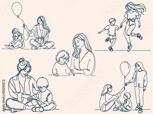 Happy Mom and Child Line Art – Family Bonding, Parenthood and Childhood Moments Illustration