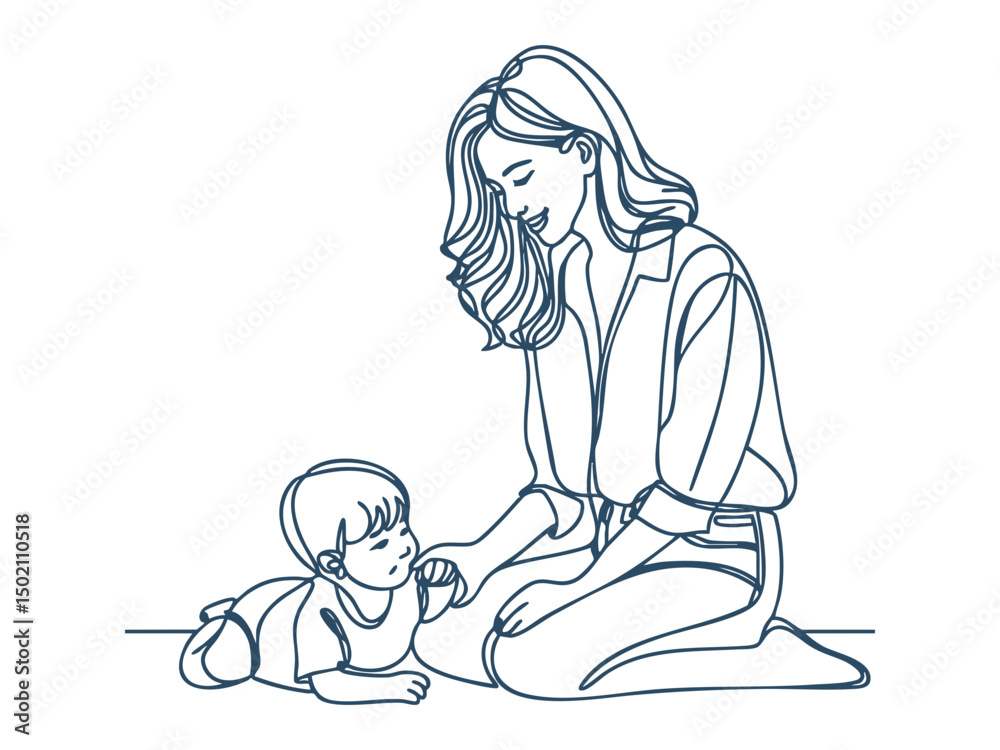 Naklejka premium Happy Mom and Child Line Art – Family Bonding, Parenthood and Childhood Moments Illustration