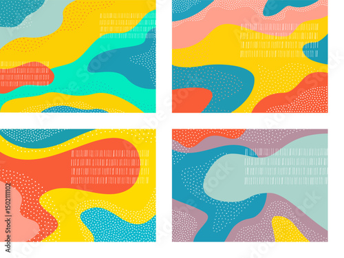 Fun background set featuring playful doodle textures trendy shapes and vibrant gradients for creative designs and modern layouts