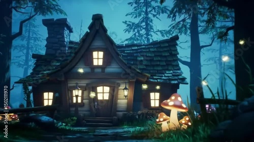 Enchanted Forest Cottage Among Glowing Mushrooms, Mystical Night Scene