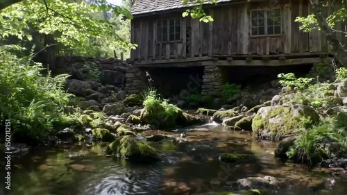 Rustic Mill In Nature With Running Stream Amidst Mossy Stones