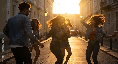 Fototapeta Naklejka Na Ścianę i Meble -  A small group of friends dancing joyfully in the street at golden hour, full of movement and life
