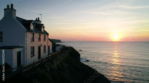 Seaside Dwelling At Sunrise, Coastal Serenity And Tranquility At Dawn