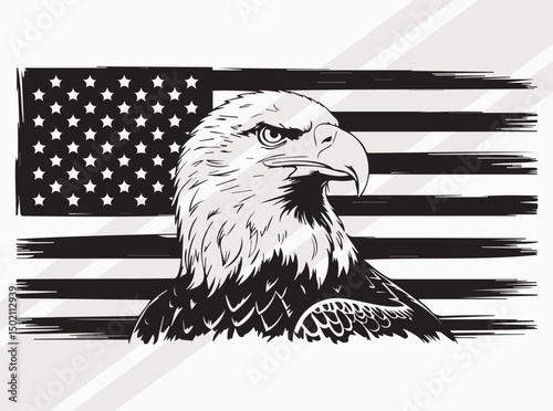 Bald Eagle Overlapping American Flag Black White Patriotic Illustration of Freedom and National Strength