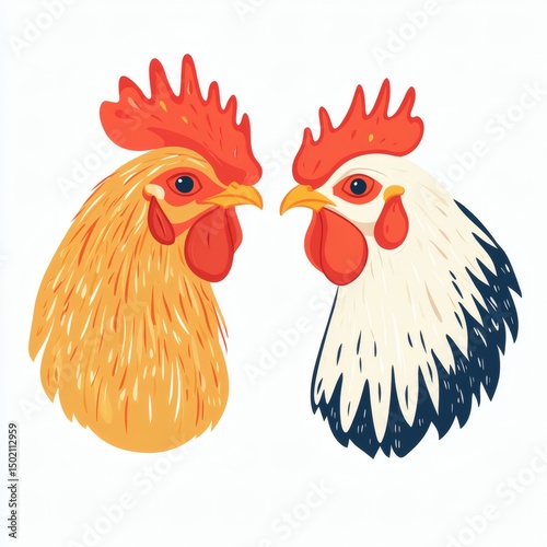 Rooster Heads with Farm Animals, Colorful, and Illustration.