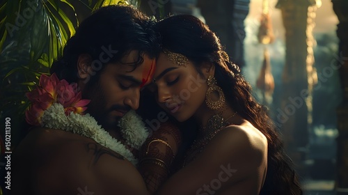 A harmonious setting featuring Shankar and Parvati in a divine embrace
