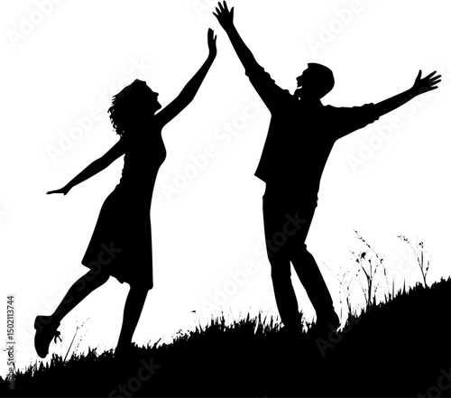 Silhouette of Man and Woman High Fiving on Hill, Joy, Celebration, and Teamwork Concept