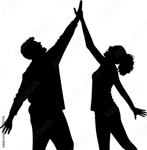 Silhouette of Man and Woman Giving High Five, Success, Teamwork, and Celebration Concept