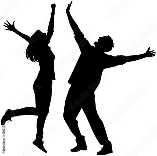 Silhouette of Man and Woman Celebrating with High Five, Joy, Success, and Teamwork Concept