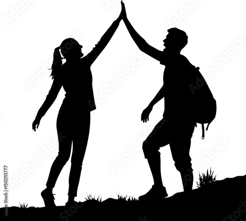 Silhouette of Hiking Couple Giving High Five on Mountain Top, Outdoor Adventure Vector Illustration