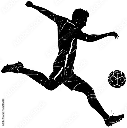 Silhouette of Male Soccer Player in Action, Vector Football Kick Illustration