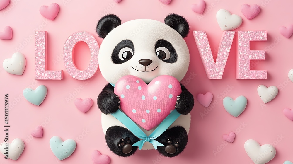 Fototapeta premium Cute panda holding a heart on a pink background with scattered hearts.