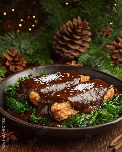 Romeritos con Mole Mexico traditional Christmas dish high in iron and antioxidants from greens and mole shown in authentic setting