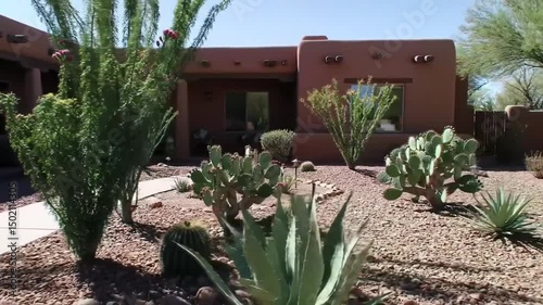Southwestern Adobe Home And Desert Plants In Arizona Under Clear Sky