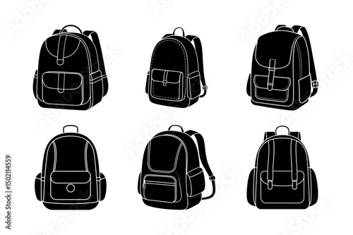 Set of black backpack isolated on white