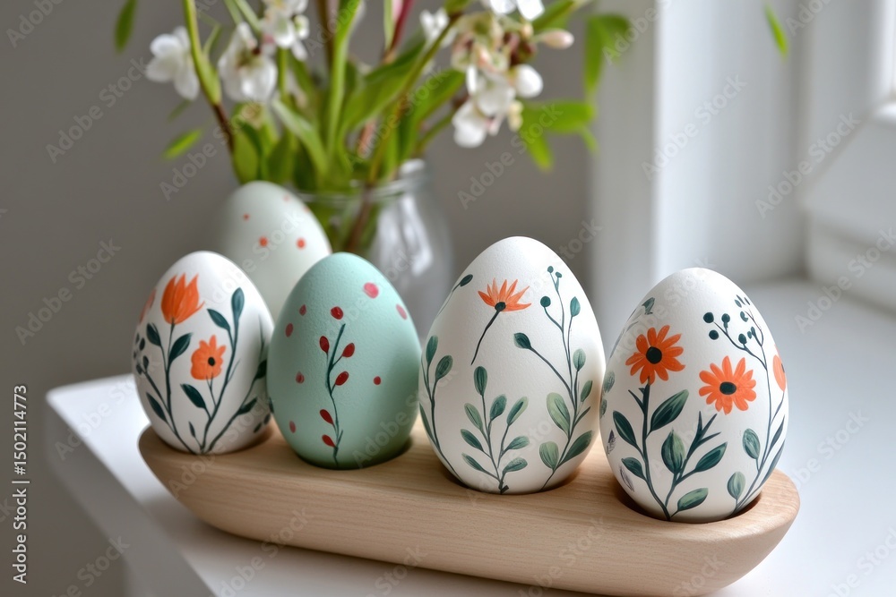 Fototapeta premium Hand-painted Easter eggs in a wooden holder