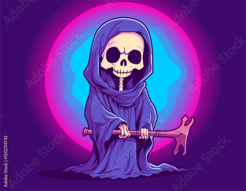 Cute Grim Reaper Cartoon Character. Grim reaper death Halloween symbol. Halloween Skeleton in mantle on bright background. Spooky and horror Element design for banner, poster, flyer. Grim in robe