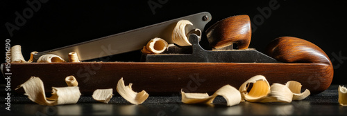 Close-up of a vintage wood plane with shavings