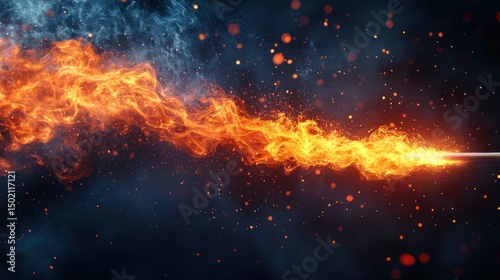 Fiery stream of flame against dark background