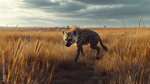 A hyena prowling through a savannah landscape, showcasing its distinctive features captured in a surreal moment