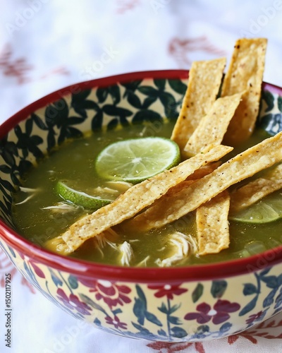 Sopa de Lima Yucatn lime flavored chicken soup high in vitamin C and protein garnished with tortilla strips shown in festive bowl photo