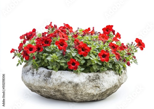 Red flowers in a large stone pot. Lush cluster of vibrant red blossoms atop a textured, light gray stone planter.  Green foliage surrounds the blooms