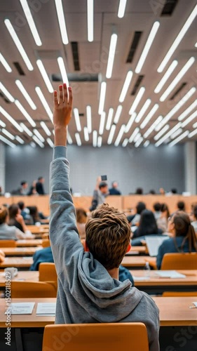 Student raises hand in a lecture hall.