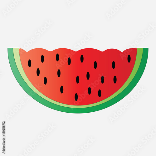 Watermelon Slice Illustration with Seeds and Green Rind Isolated on White Background