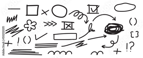 Hand drawn highlight elements with sketch crayons - circles, underlines, arrows, check marks and crosses. Doodle chalk outline, text emphasis graphic. vector