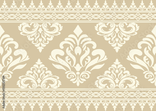 Elegant Traditional Ornamental Damask Border Seamless Pattern with gold  Floral Motifs for Textiles, Ceremony, Backgrounds, Packaging, and Decorative Vector Design