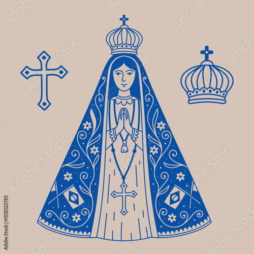 Our Lady of Aparecida. Patroness of Brazil, with crown and rosary. Minimalist illustration with silhouette and elegant and beautiful details. Editable vector..eps