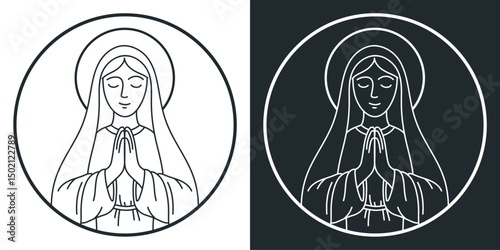 Our Lady, Virgin Mary, Catholic saint in prayer. Sacred icon drawn in linear style. Isolated vector illustration. For templates, patterns, fabrics, prints..eps