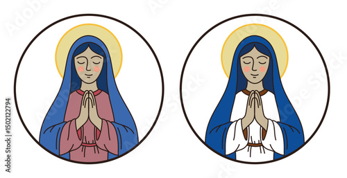 Our Lady, Virgin Mary, mother of Jesus. Illustration of the holy woman in prayer. Minimalist sacred art in flat style. Isolated vector.eps