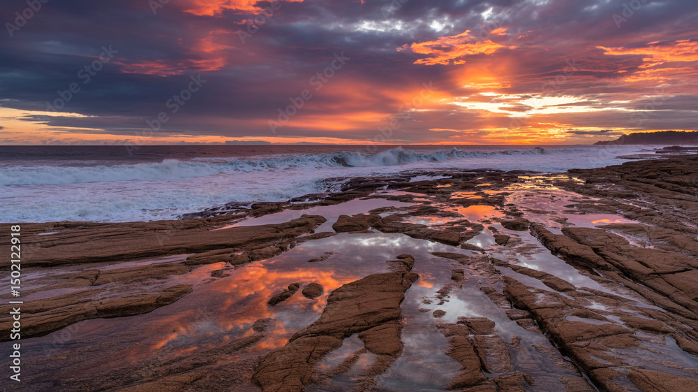 Obraz premium Vibrant sunset over ocean waves crashing on rocky shore