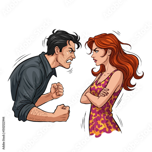 Aggressive Couple Quarreling Vector Illustration on White Background, Conflict, Anger and Relationship Concept