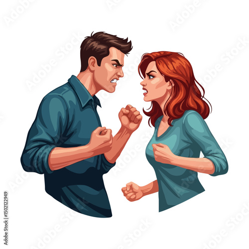 Aggressive Couple Quarreling Vector Illustration on White Background, Conflict, Anger and Relationship Concept