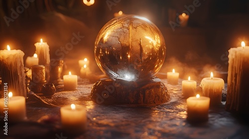 A dreamy scene of a magical scene with a crystal ball surrounded by candles and mystical symbols
