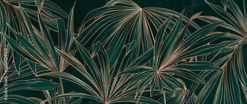 Wallpaper Mural Dark luxury art background with hand drawn tropical plant leaves in gold line style. Botanical tropical banner for decor, print, wallpaper, textile, packaging, interior. Torontodigital.ca