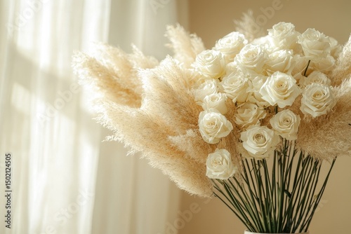 A bouquet of dried roses and pampas grass.