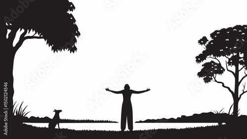 Silhouette of a person with arms outstretched in nature with a dog and trees in the background scenery created with generated ai