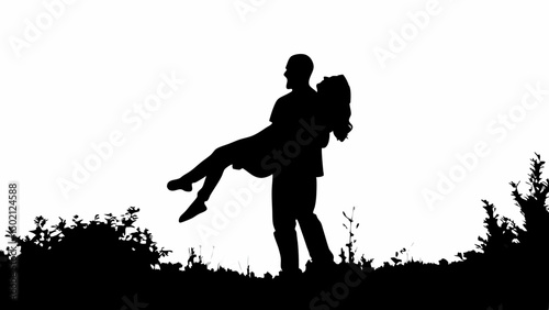 Silhouette of a man carrying a woman in his arms in a field with vegetation in the foreground created with generated ai
