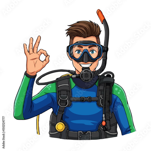 Cartoon young scuba diver man giving OK gesture, enjoying summer diving and travel, vector art isolated on white